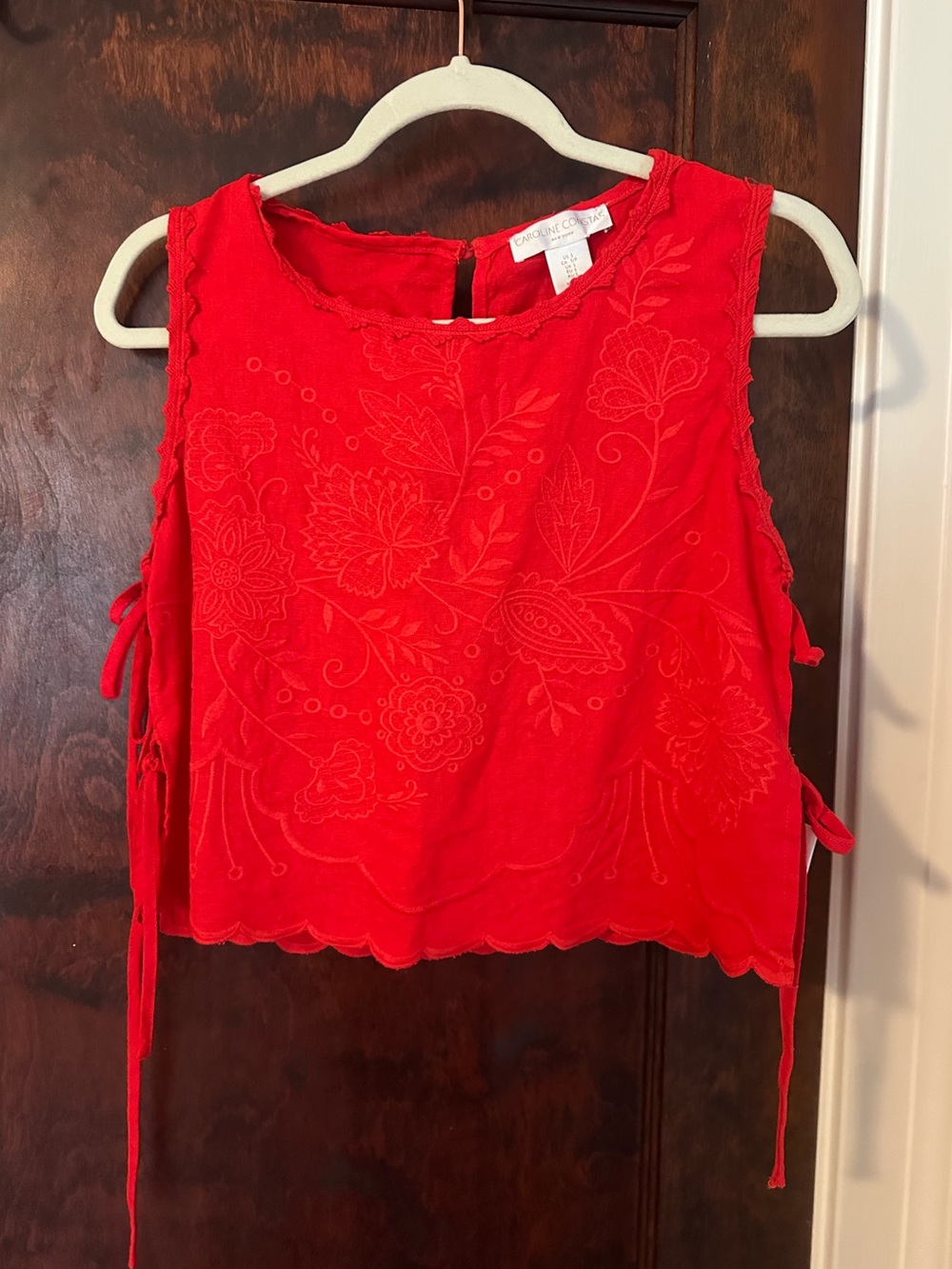 Red Embroidered Tie Top